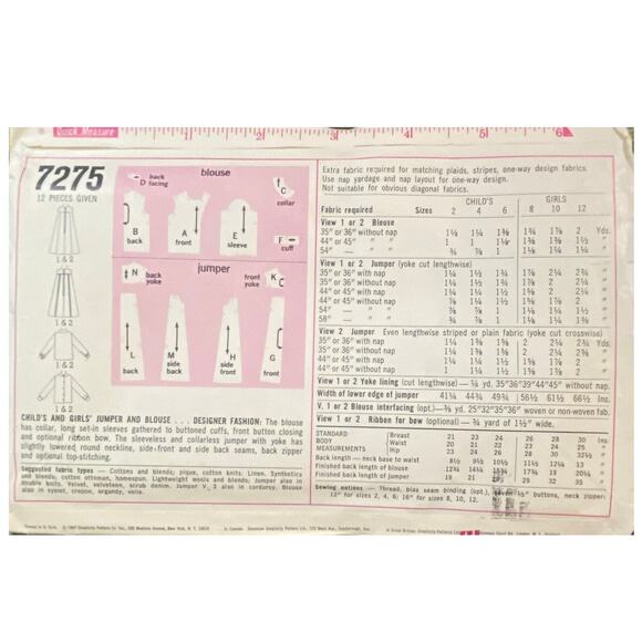 Vtg Simplicity 7275 Jumper Blouse Pattern 8 Girl 1967 Designer Child Collar Bow - Picture 5 of 6